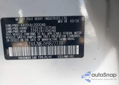 2017 Subaru Wrx Sti z USA, uszkodzony, nr VIN JF1VA2M67H9822739